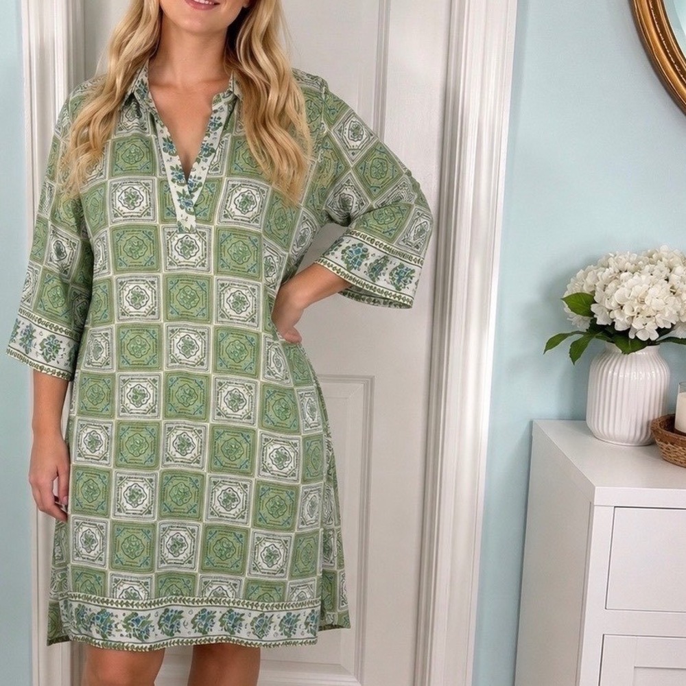 Marigold by‎ Victoria Dunn Dress Green Tile Floral Cotton Shift Dress XL NWT